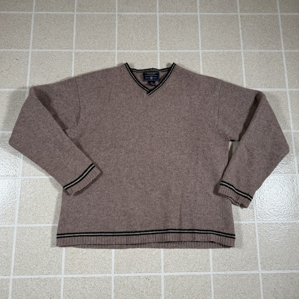 Vintage American Eagle 100% Lambswool V-Neck Sweater Brown Striped Mens L Chunky